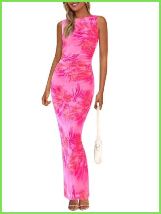 Dresses & Skirts - Sleeveless Floral Mesh Bodycon Maxi Dress Ruched Wedding Guest